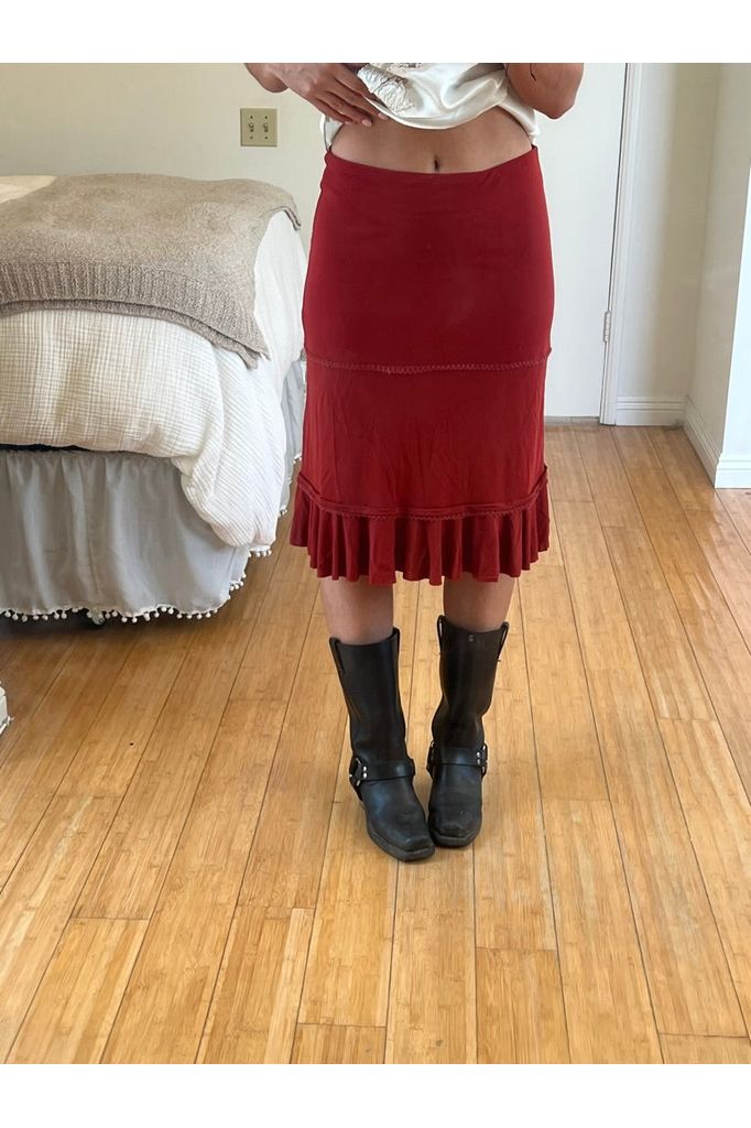 Vintage Low-Waisted Red Midi Skirt