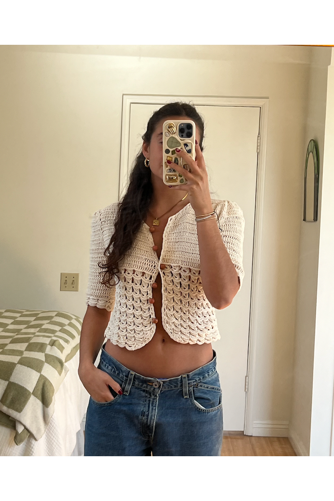 Cream Crochet Top with Wood Buttons