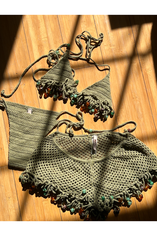 Green Knit Bikini Set with Mini Shorts